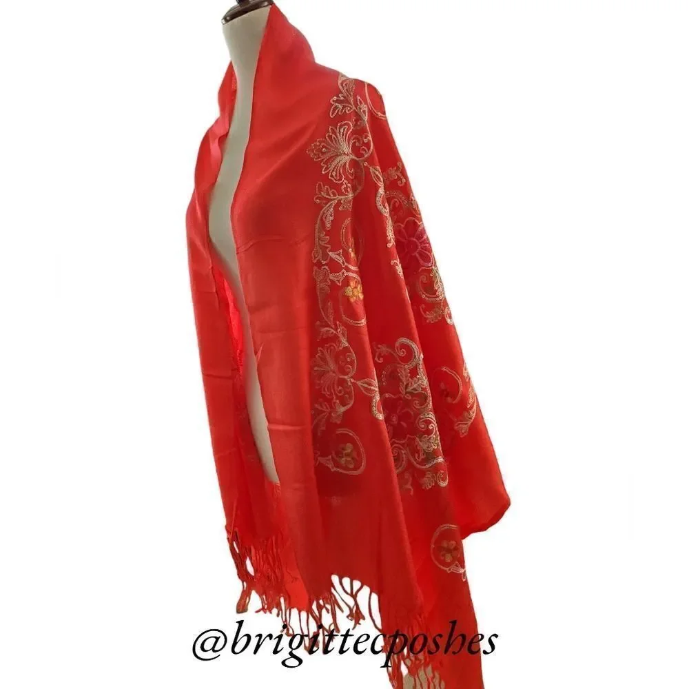 HANDMADE Embroidered Sequined Designed Red Shawl